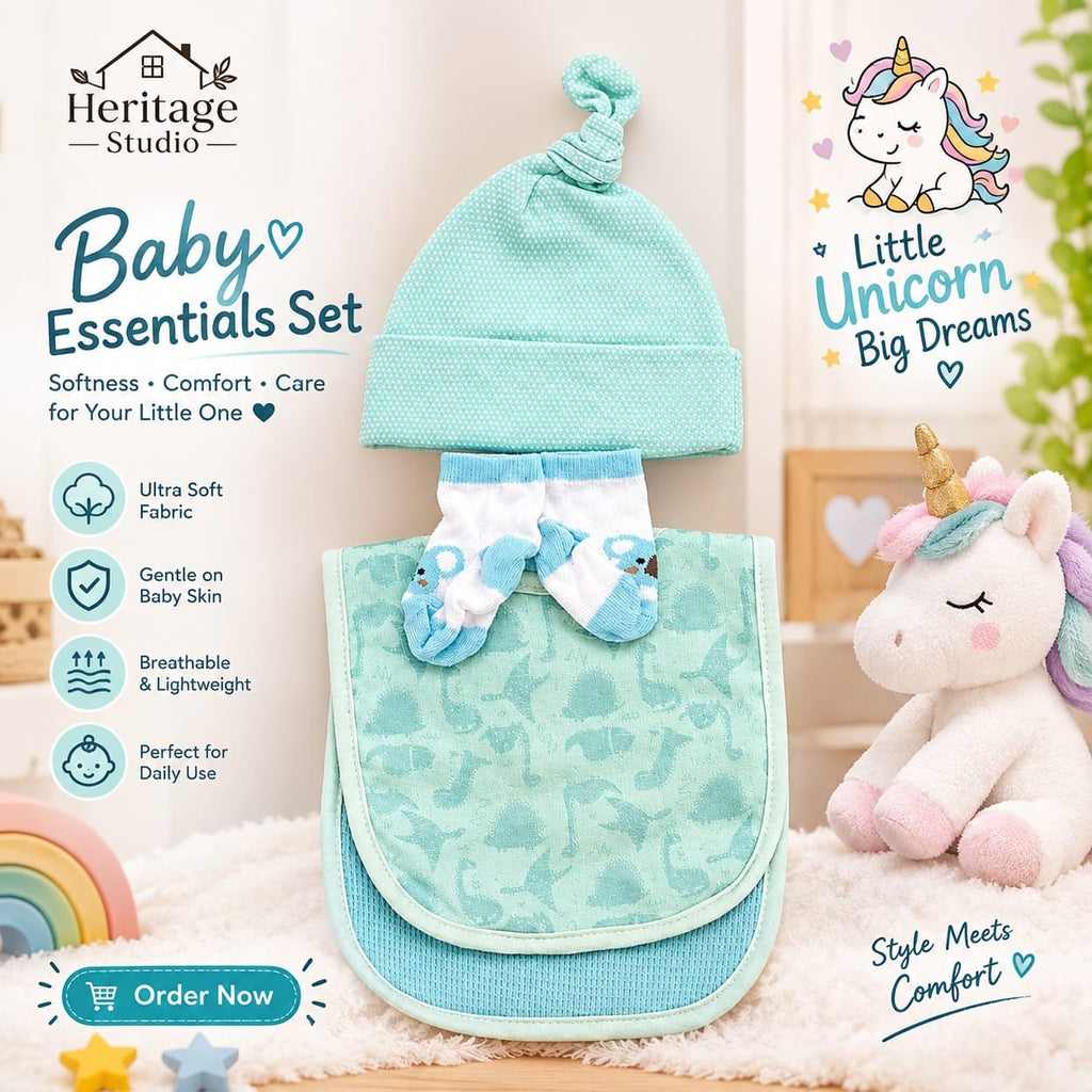 newborn baby essentials set mint cap socks and bib
