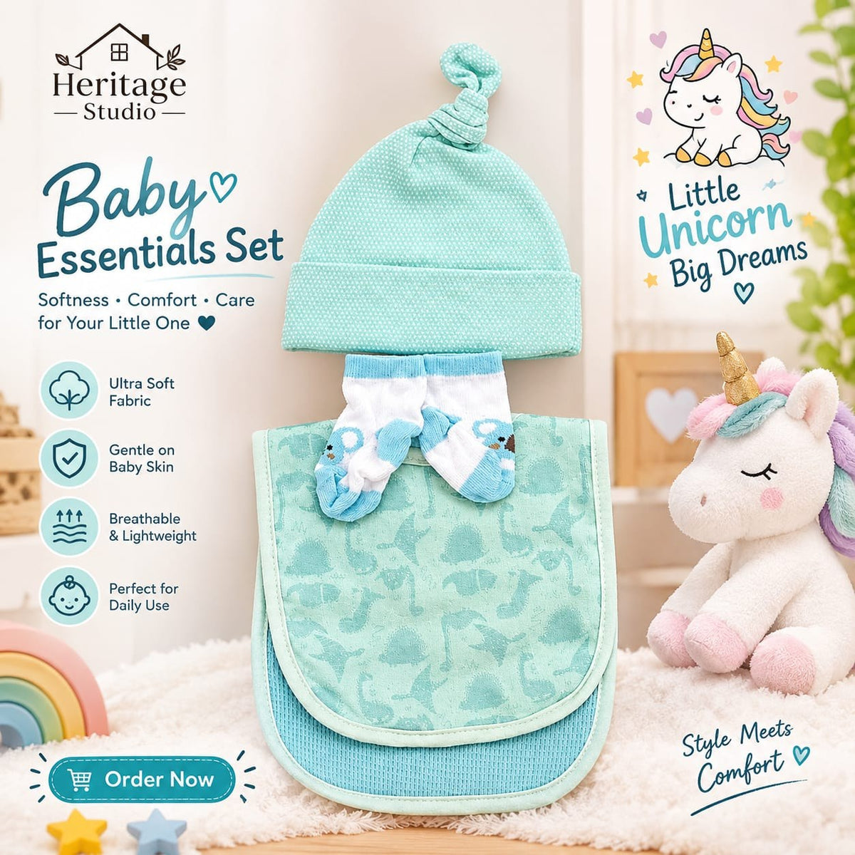 newborn baby essentials set mint cap socks and bib