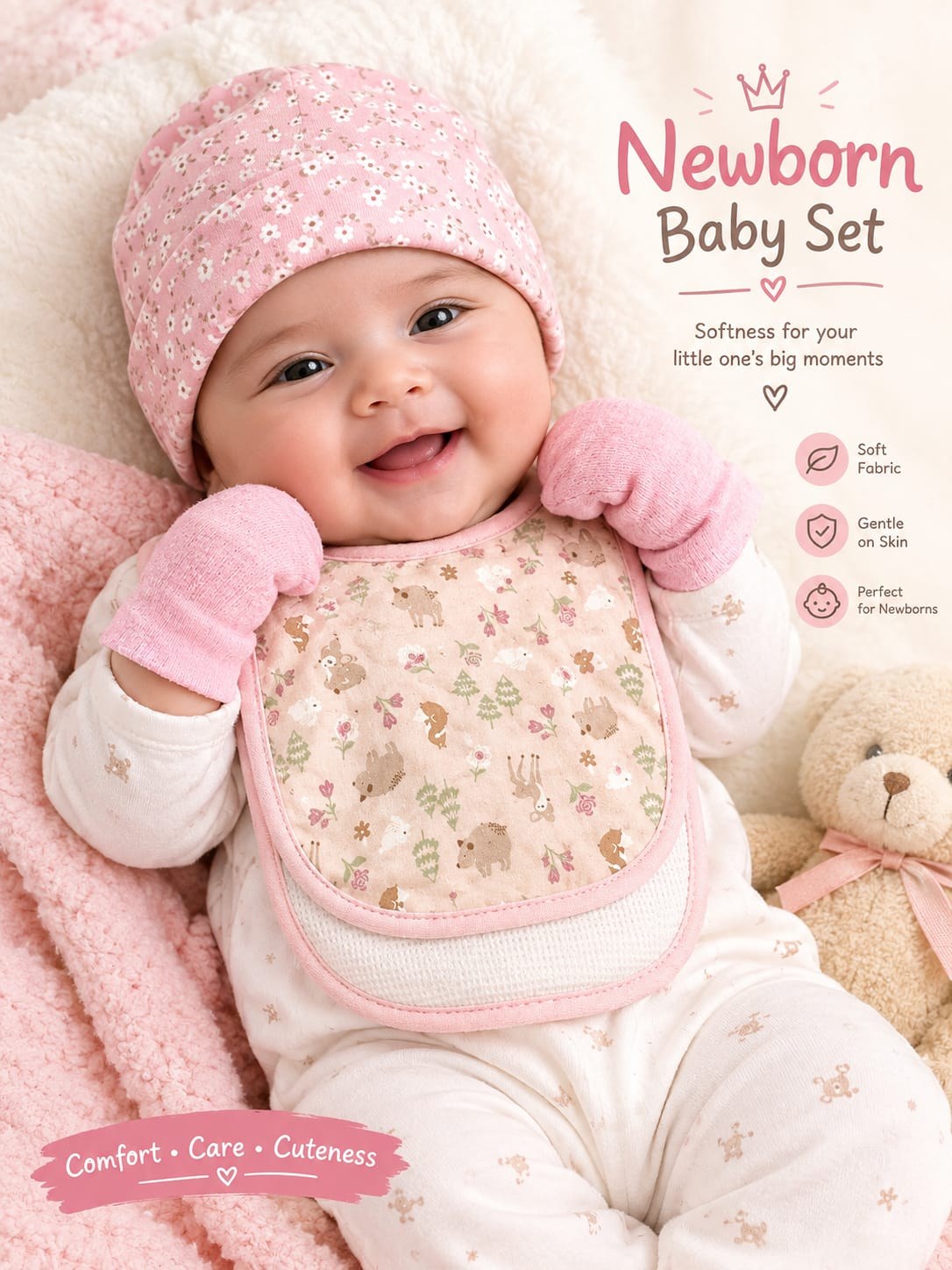 baby girl wearing pink floral newborn cap and bib set