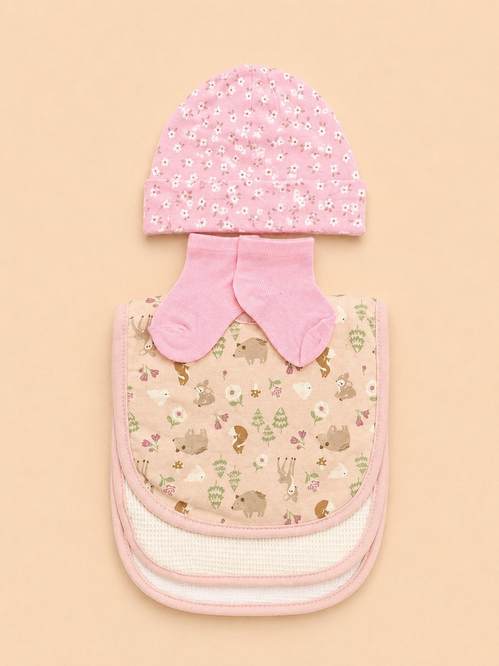 newborn baby girl set pink floral cap socks bib