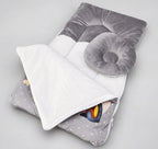 Grey baby sleeping bag open view with pillow