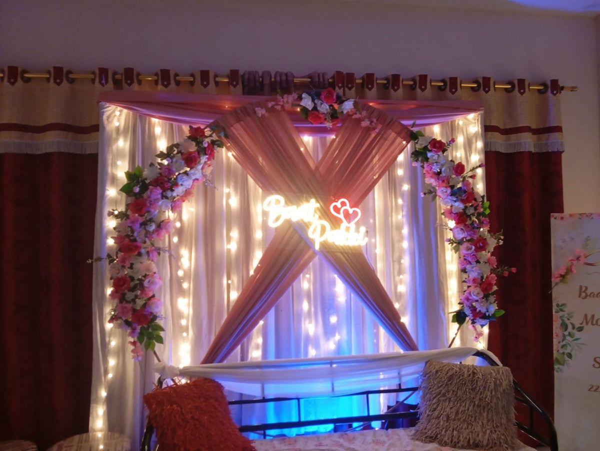 Nikkah decor floral arch fairy light wall Karachi – photo 2