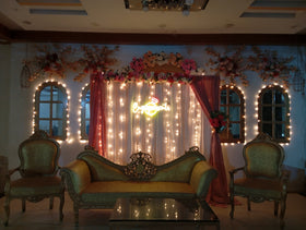 Nikkah decoration package - elegant engagement backdrop with neon sign, fairy lights and floral arch