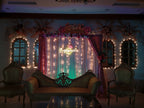 Engagement neon sign with ring on draped curtain backdrop with fairy lights - nikkah decoration package