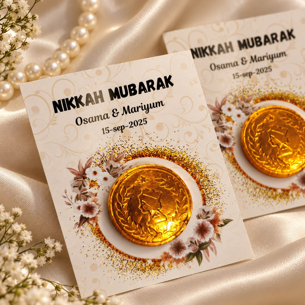 Customized Nikkah Mubarak chocolate coin wedding return favour cards