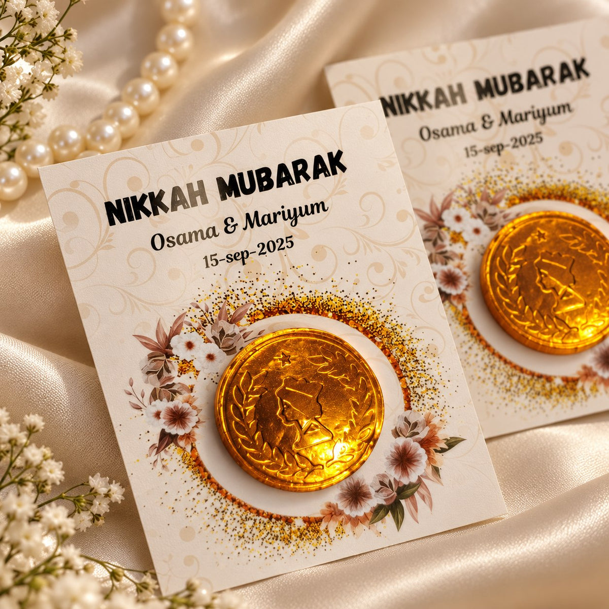 Customized Nikkah Mubarak chocolate coin wedding return favour cards