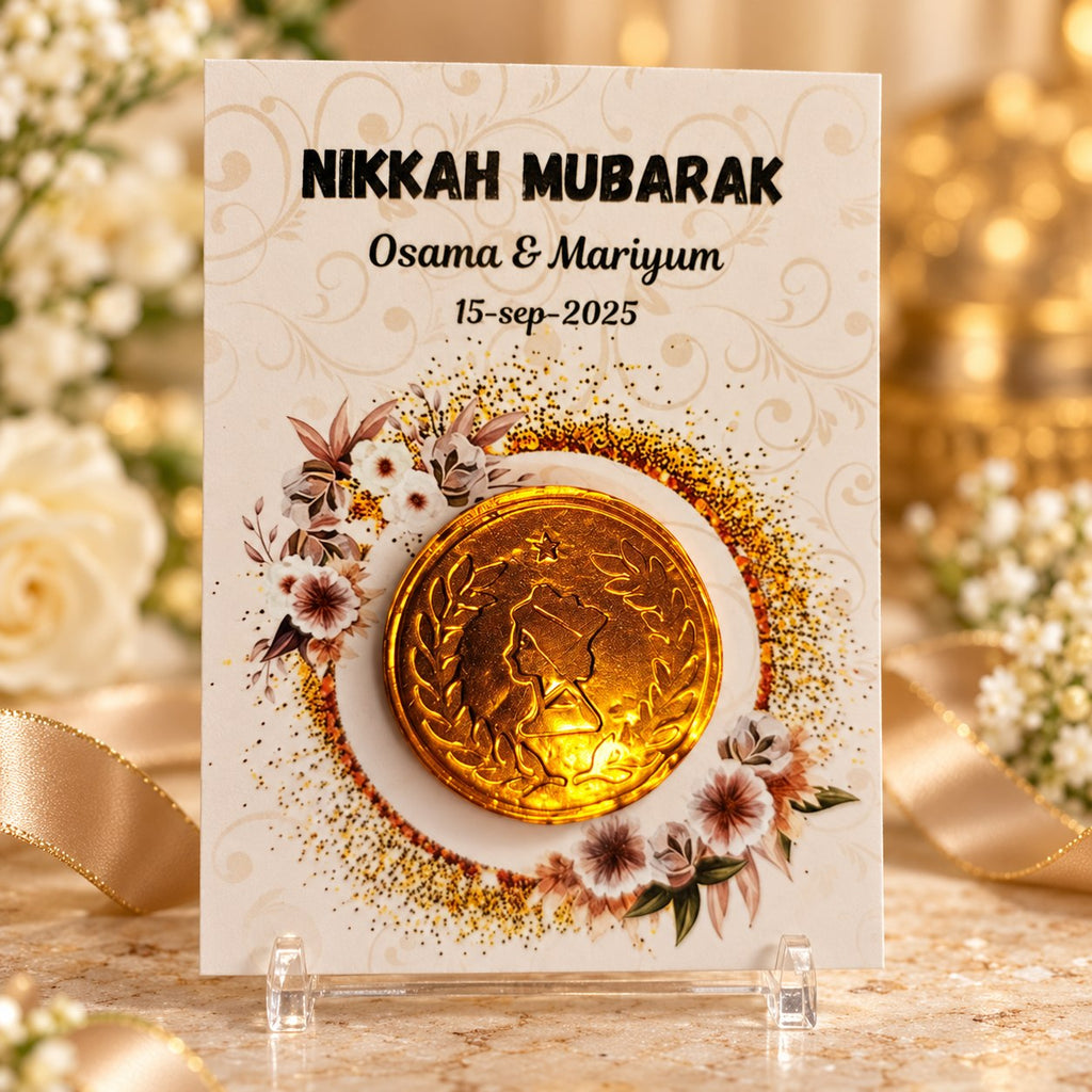 Nikkah Mubarak card with gold chocolate coin and couple names