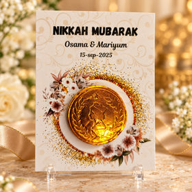 Nikkah Mubarak card with gold chocolate coin and couple names