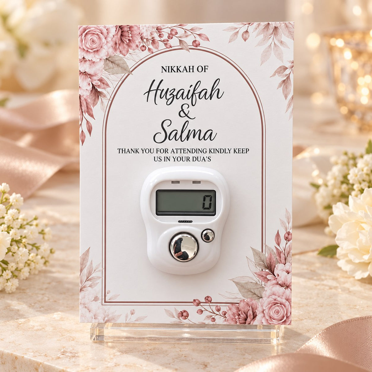 Nikkah thank you card with digital tasbeeh counter and couple names