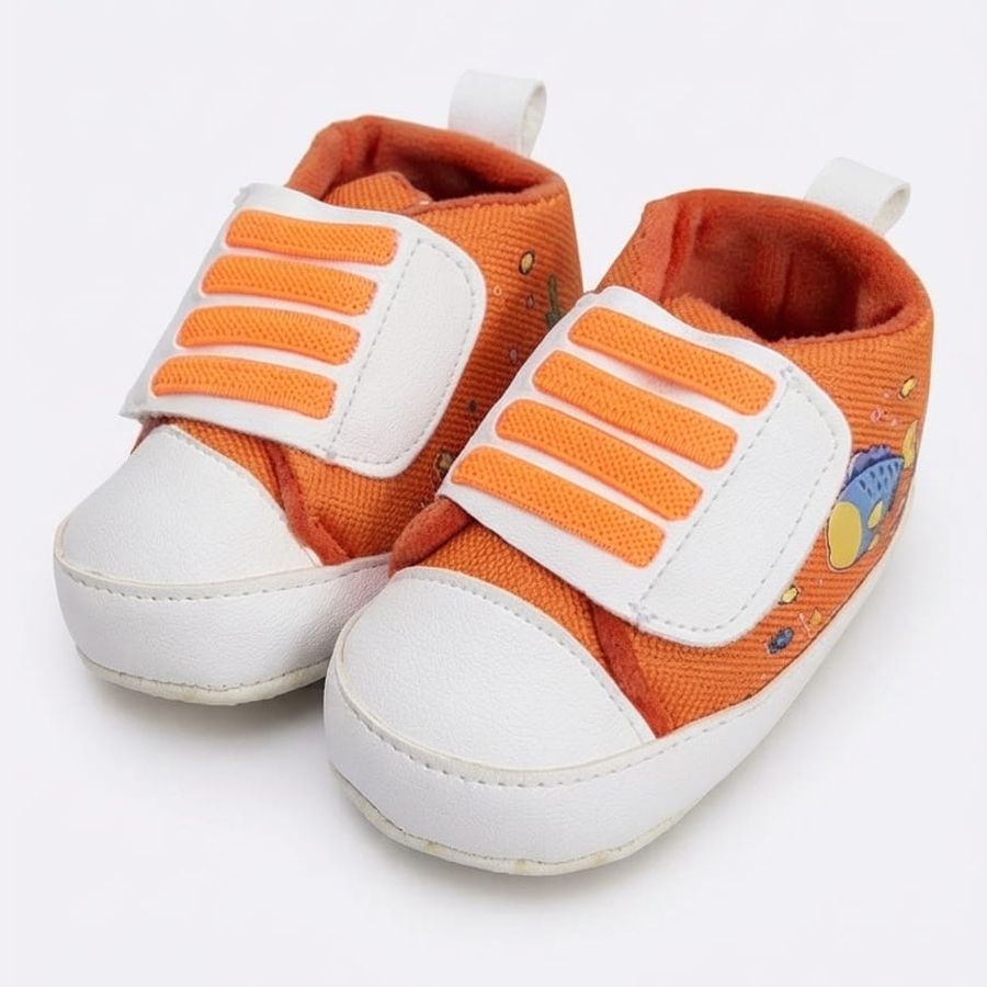 Orange Fish Print Velcro Baby Shoes close-up view – soft sole baby shoes – Belinda Store