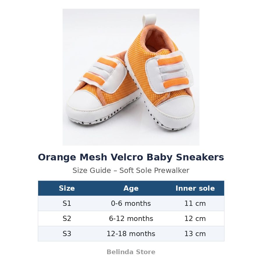 Orange Mesh Velcro Baby Sneakers size guide – soft sole baby shoes – Belinda Store