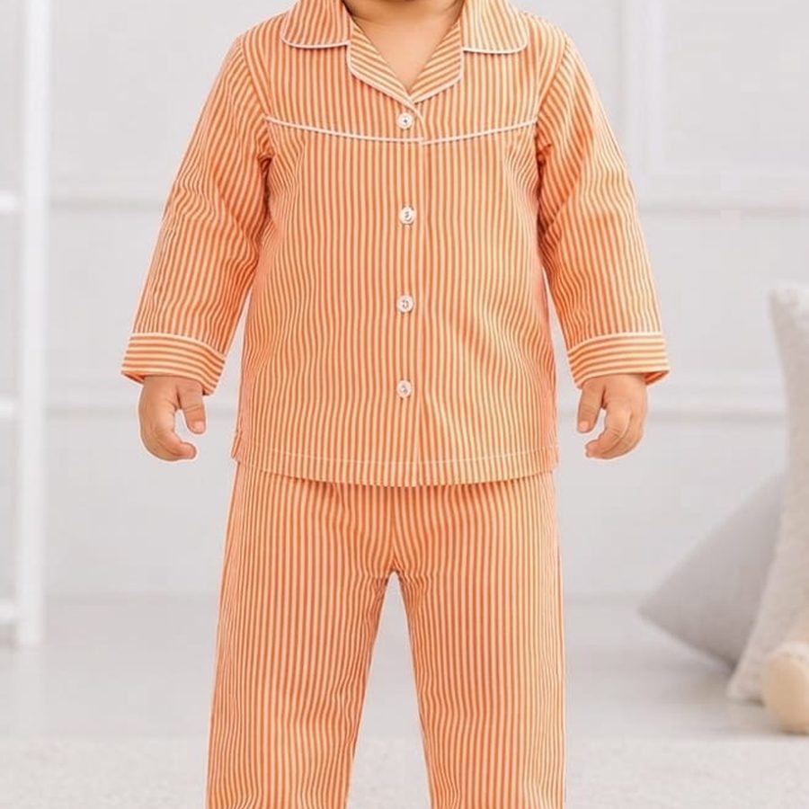 Orange Pinstripe Baby Night Suit fabric and print close-up – Belinda Store