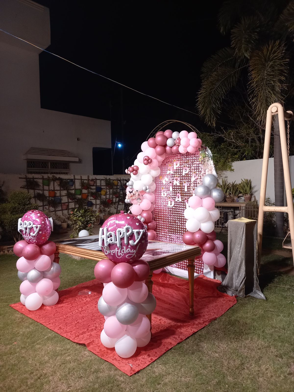 Outdoor Birthday Surprise Decor – Pink & Silver Sequin Backdrop with Happy Birthday Balloon Pillars