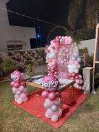 Outdoor Birthday Surprise Decor – Pink & Silver Sequin Backdrop with Happy Birthday Balloon Pillars