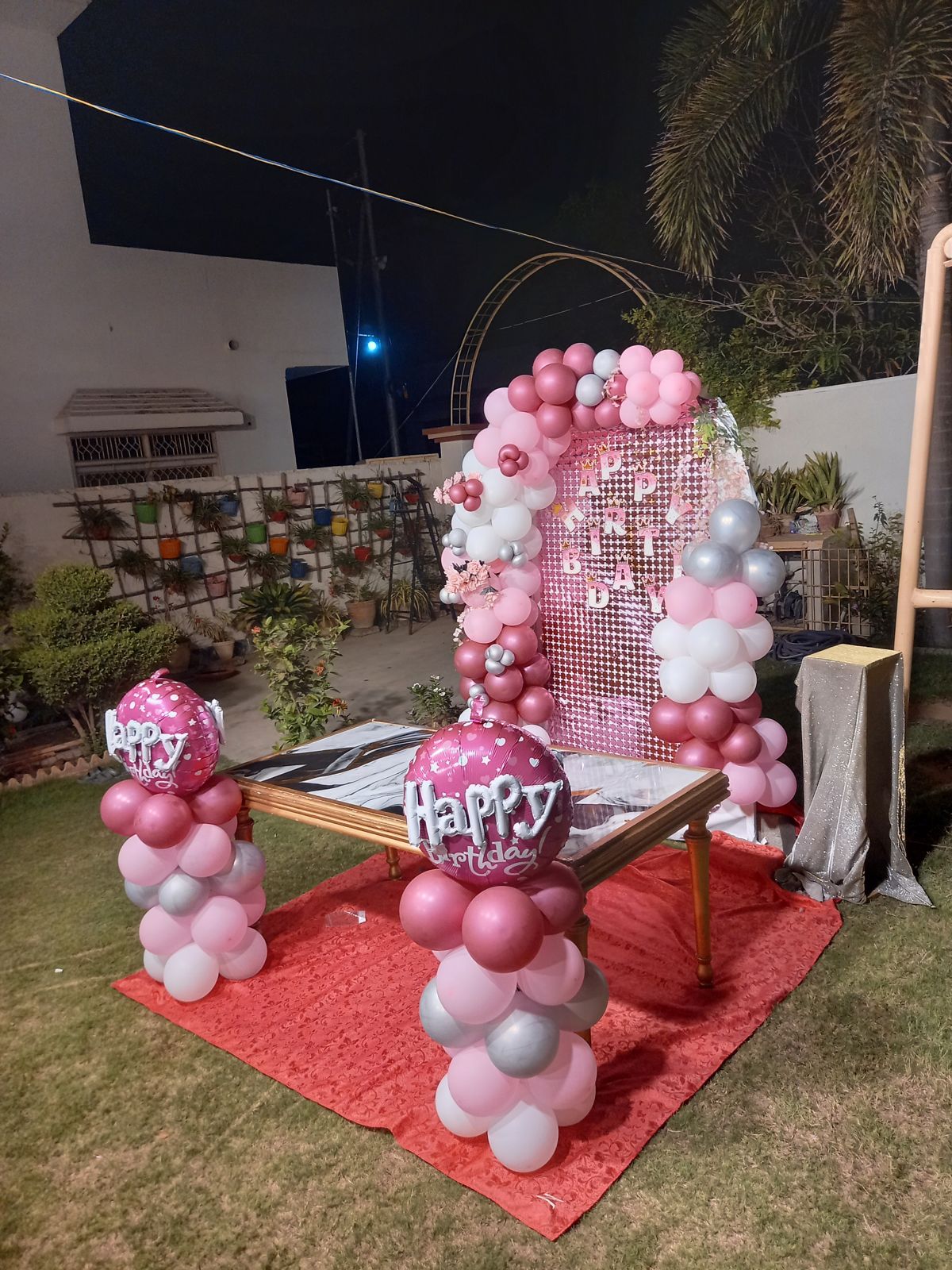Outdoor Birthday Surprise Decor – Pink & Silver Sequin Backdrop with Happy Birthday Balloon Pillars