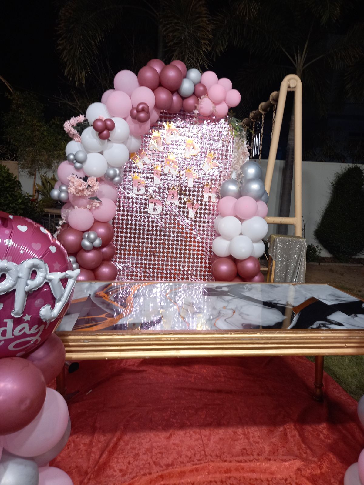 Outdoor Birthday Surprise Decor – Pink & Silver Sequin Backdrop with Happy Birthday Balloon Pillars