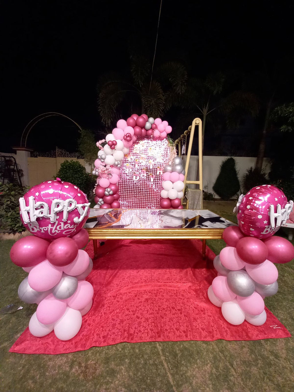 Outdoor Birthday Surprise Decor – Pink & Silver Sequin Backdrop with Happy Birthday Balloon Pillars