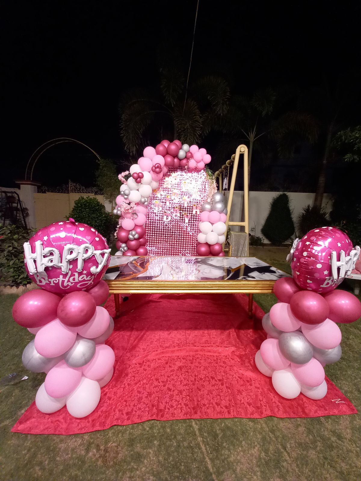 Outdoor Birthday Surprise Decor – Pink & Silver Sequin Backdrop with Happy Birthday Balloon Pillars
