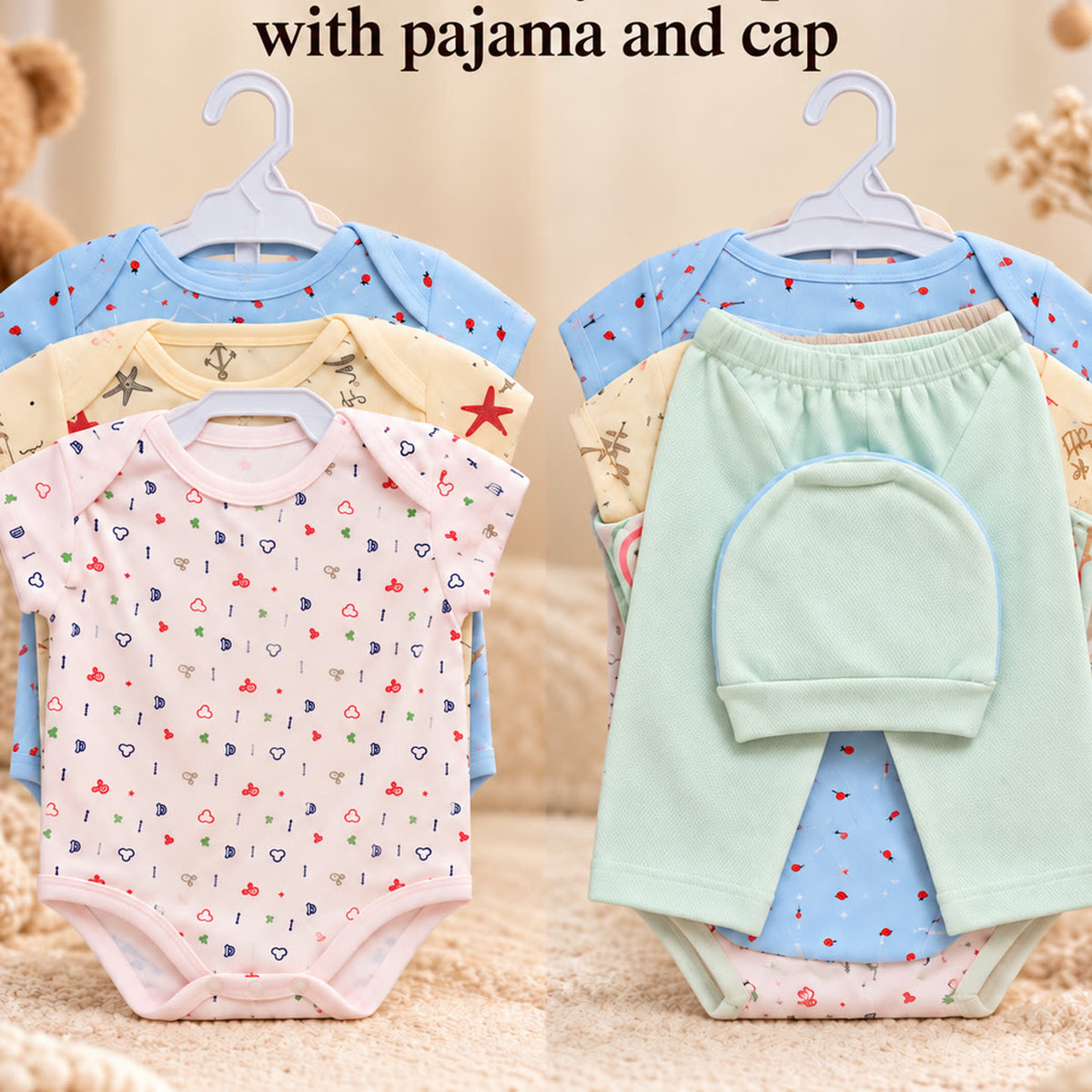Pack of 3 Baby Romper Set with Pajama & Cap | Soft - alternate view 2