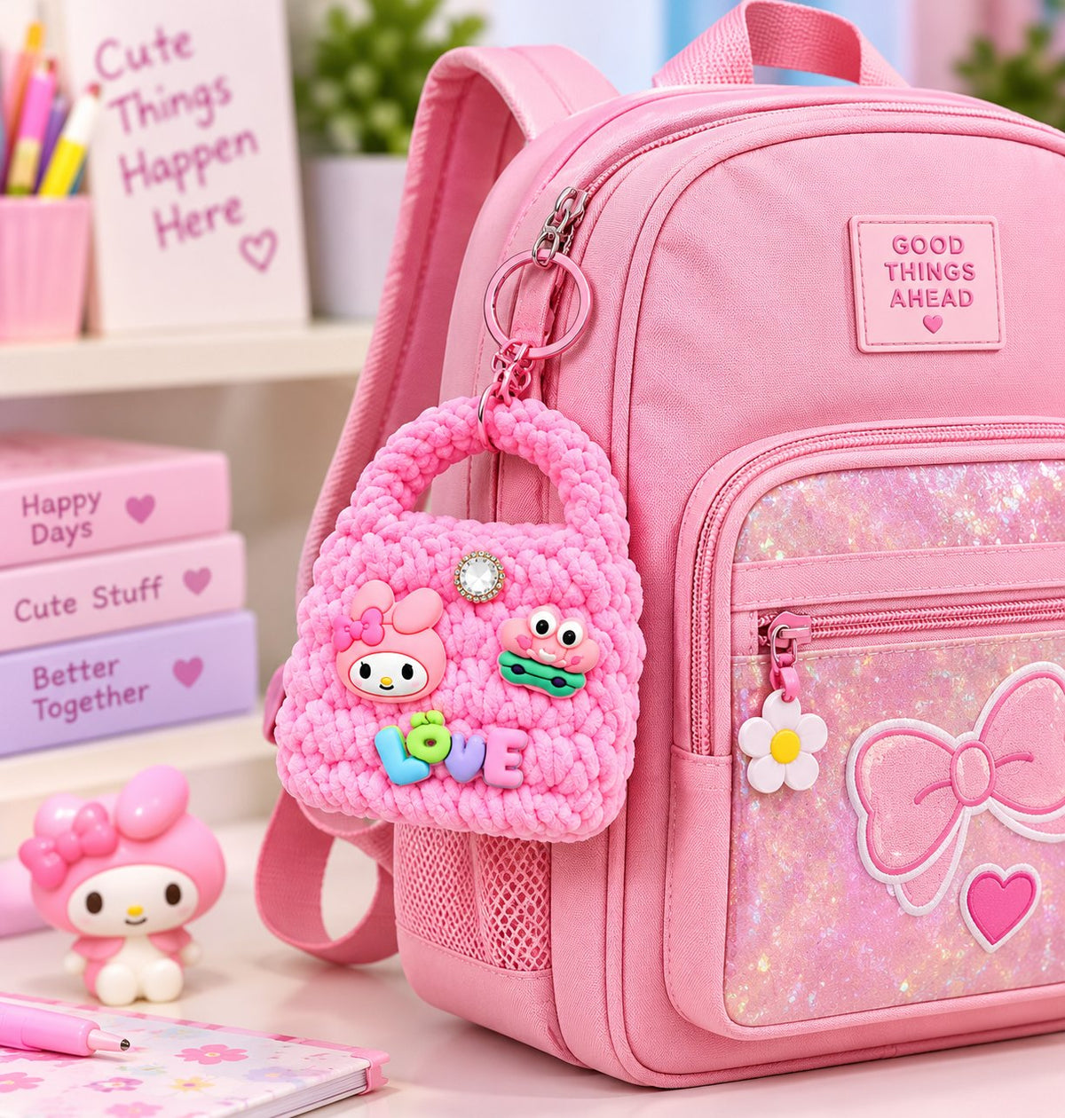 Pastel Pink Backpack and Plush Charm