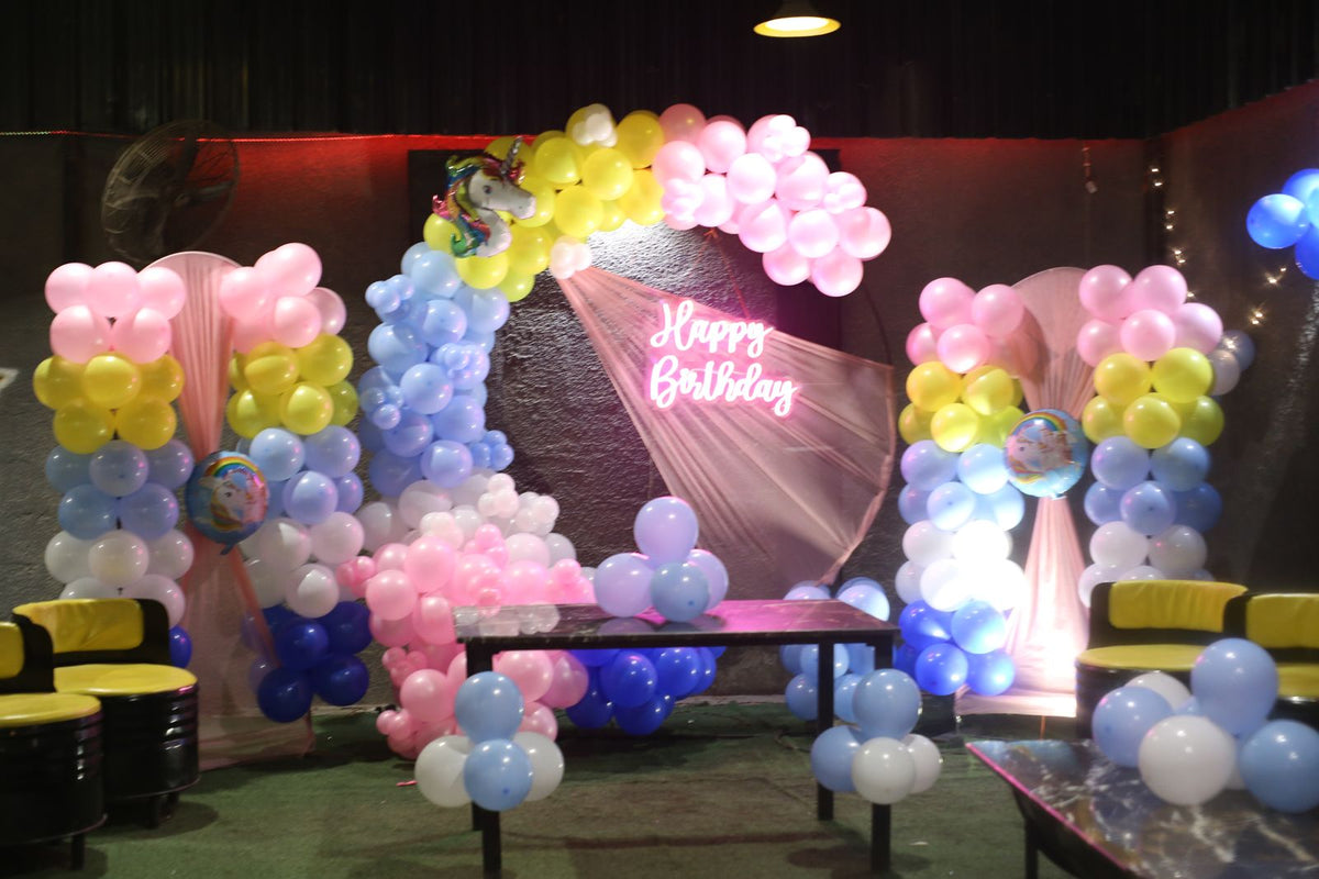 Pastel Rainbow Birthday Decoration – Neon Happy Birthday Backdrop with Pink, Yellow & Blue Balloon Arch