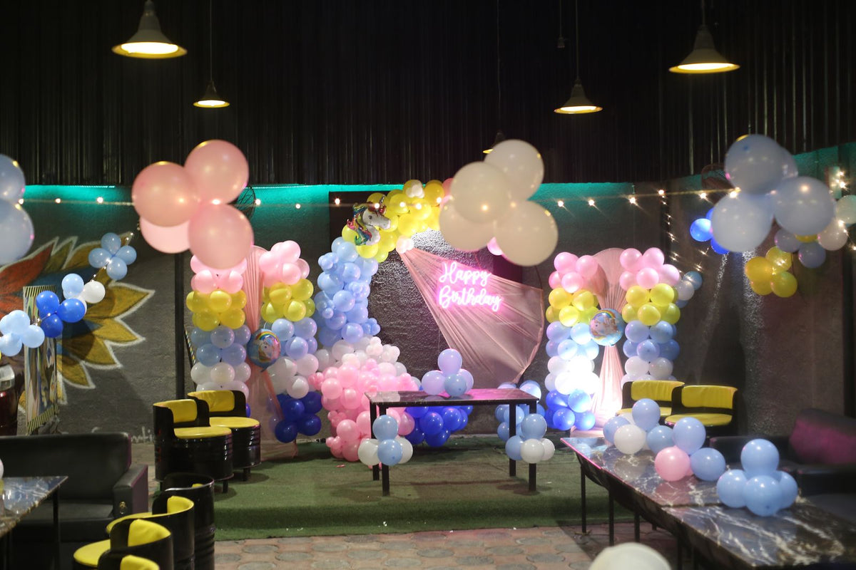 Pastel Rainbow Birthday Decoration – Neon Happy Birthday Backdrop with Pink, Yellow & Blue Balloon Arch