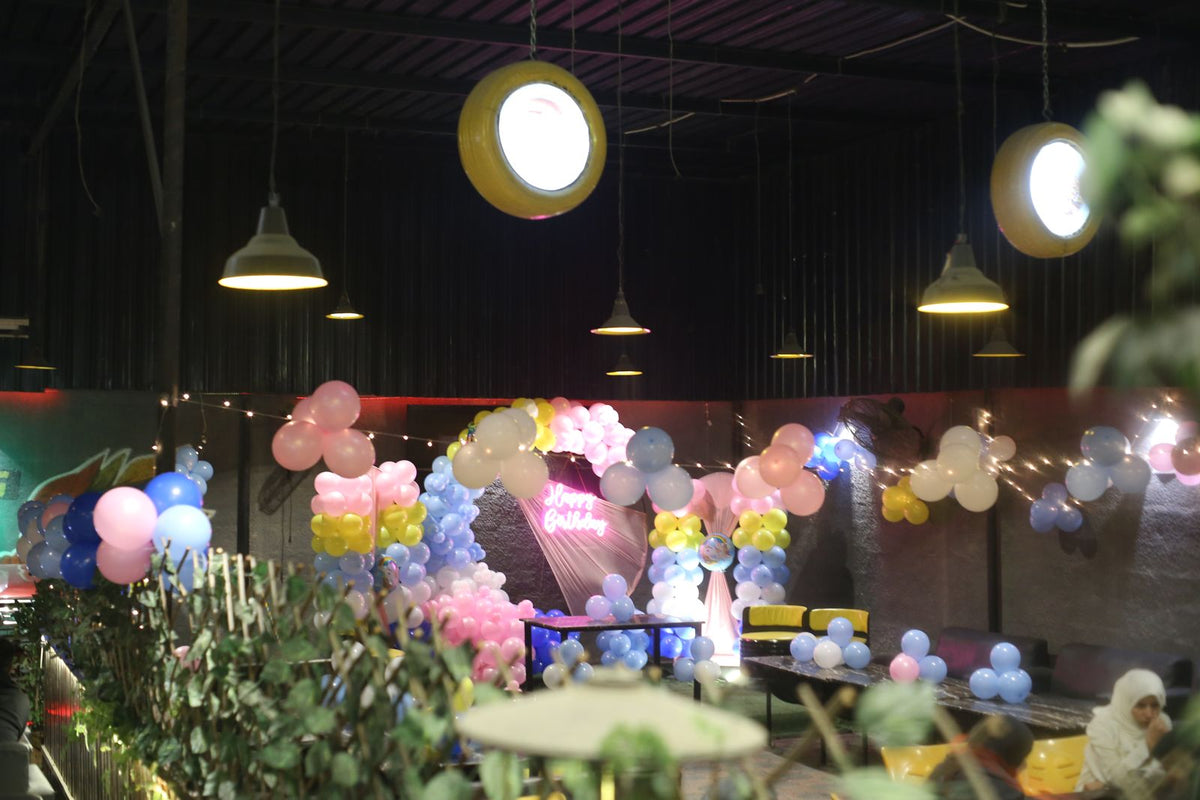 Pastel Rainbow Birthday Decoration – Neon Happy Birthday Backdrop with Pink, Yellow & Blue Balloon Arch