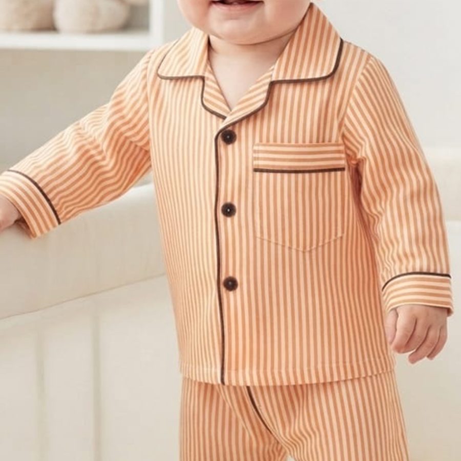 Peach Striped Baby Night Suit fabric and print close-up – Belinda Store