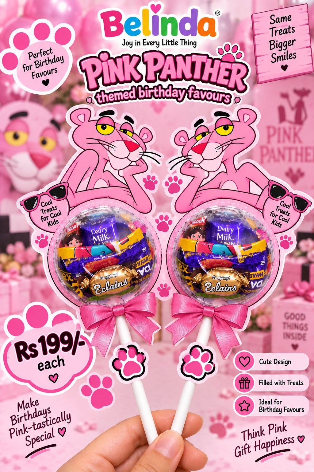 Pink Panther theme chocolate lollipop birthday favour