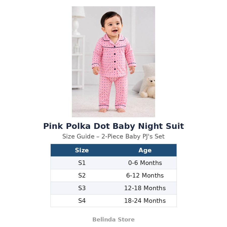 Pink Polka Dot Baby Night Suit size guide 0-24 months – Belinda Store