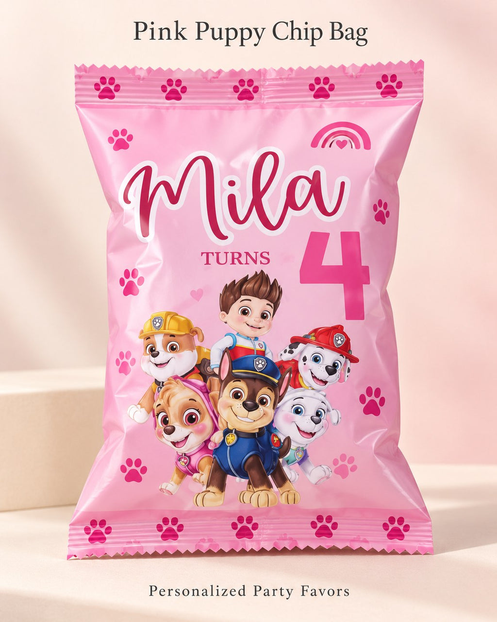 Pink puppy customized birthday chips bag with child name and age