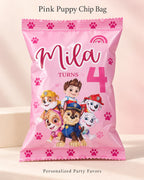 Pink puppy customized birthday chips bag with child name and age