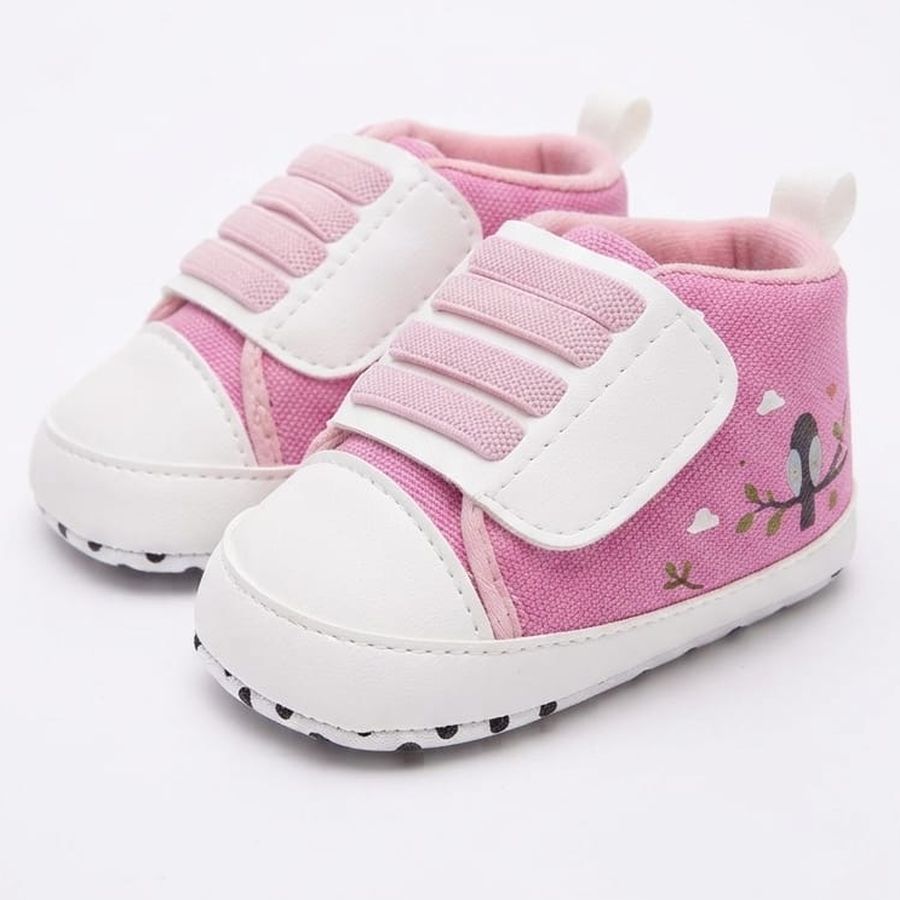 Pink Tree & Bird Velcro Baby Shoes close-up view – soft sole baby shoes – Belinda Store