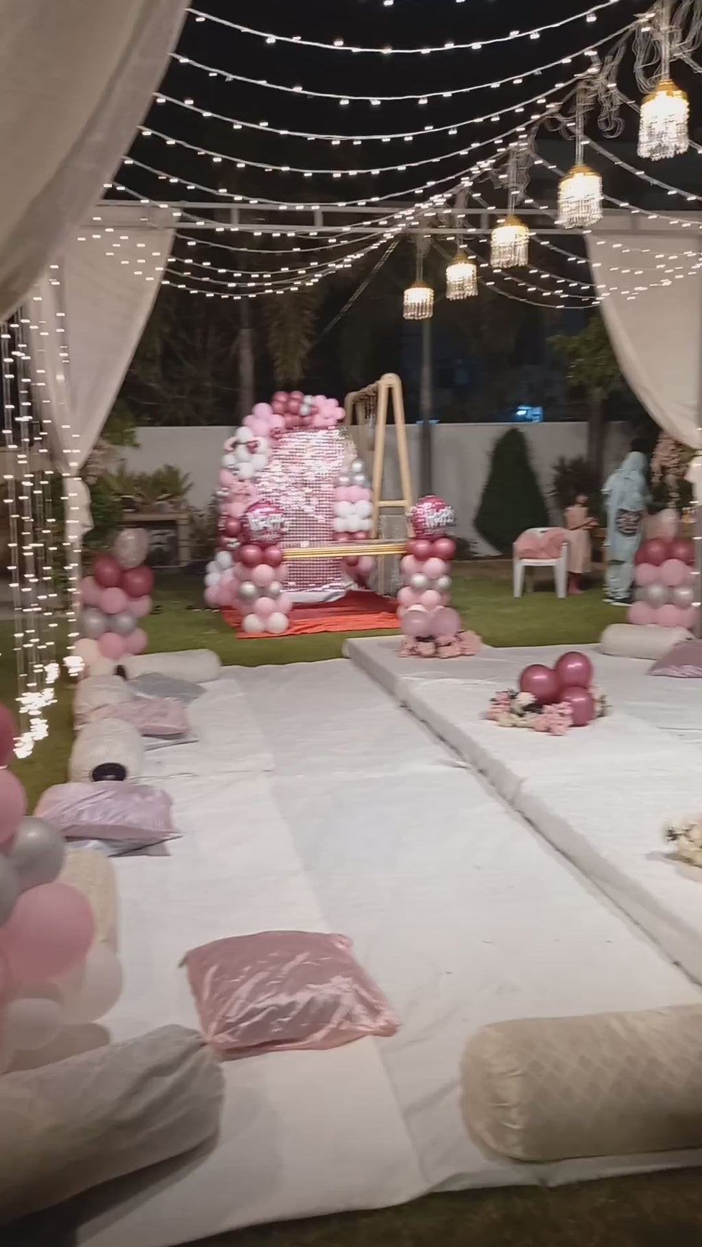 Outdoor Birthday Surprise Decor – Pink & Silver Sequin Backdrop with Happy Birthday Balloon Pillars
