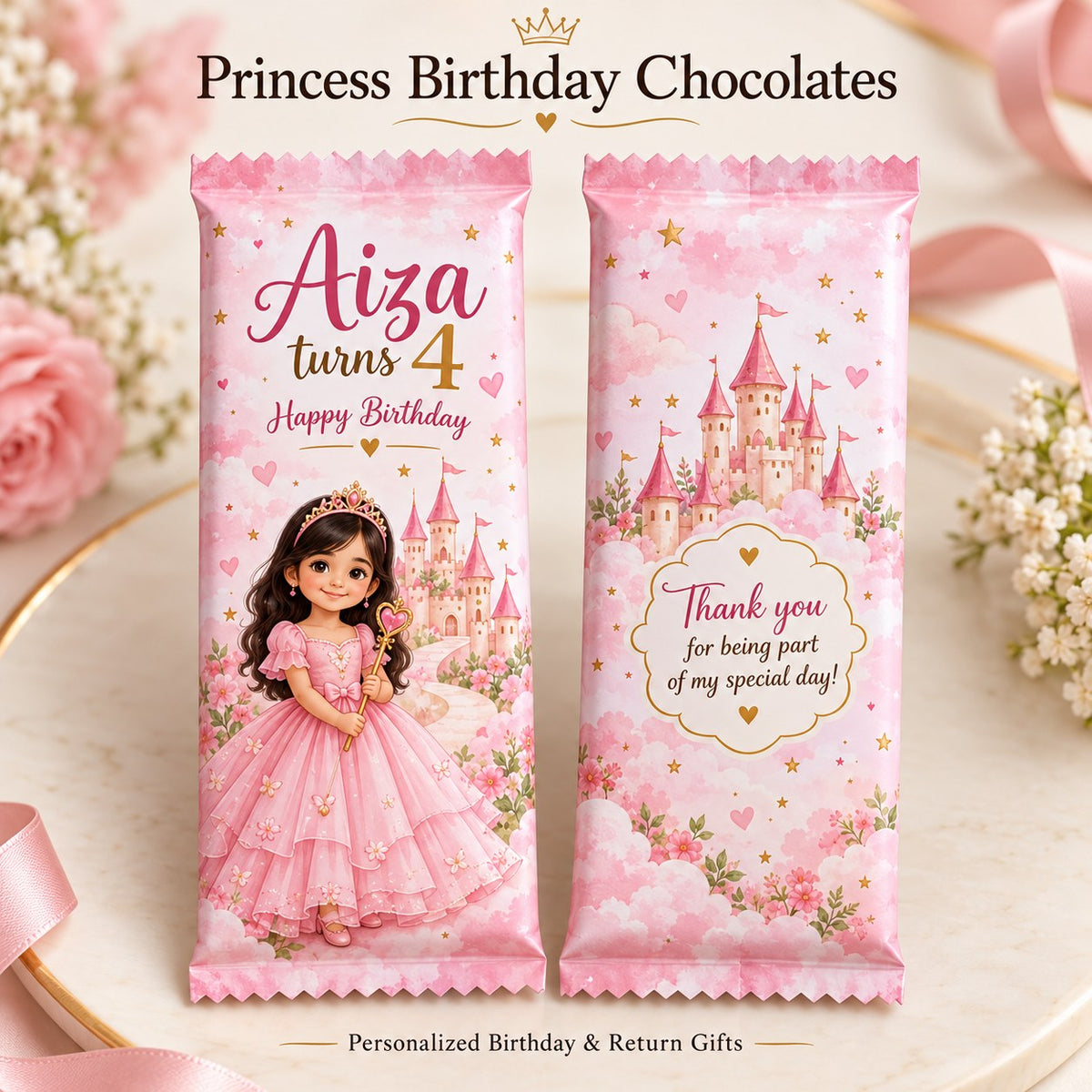 Princess theme customized birthday chocolate bar with name