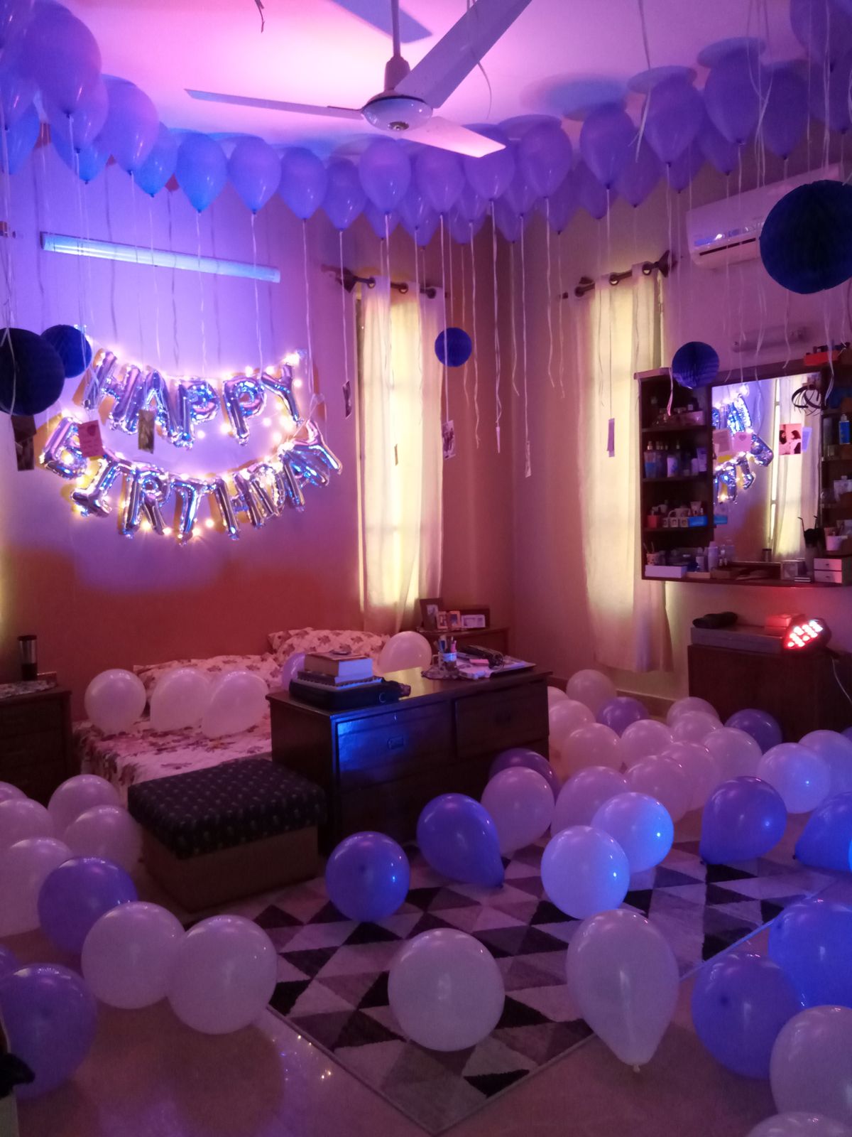 Purple & Silver Birthday Room Decor – Fairy Light Happy Birthday Wall & LED Balloons