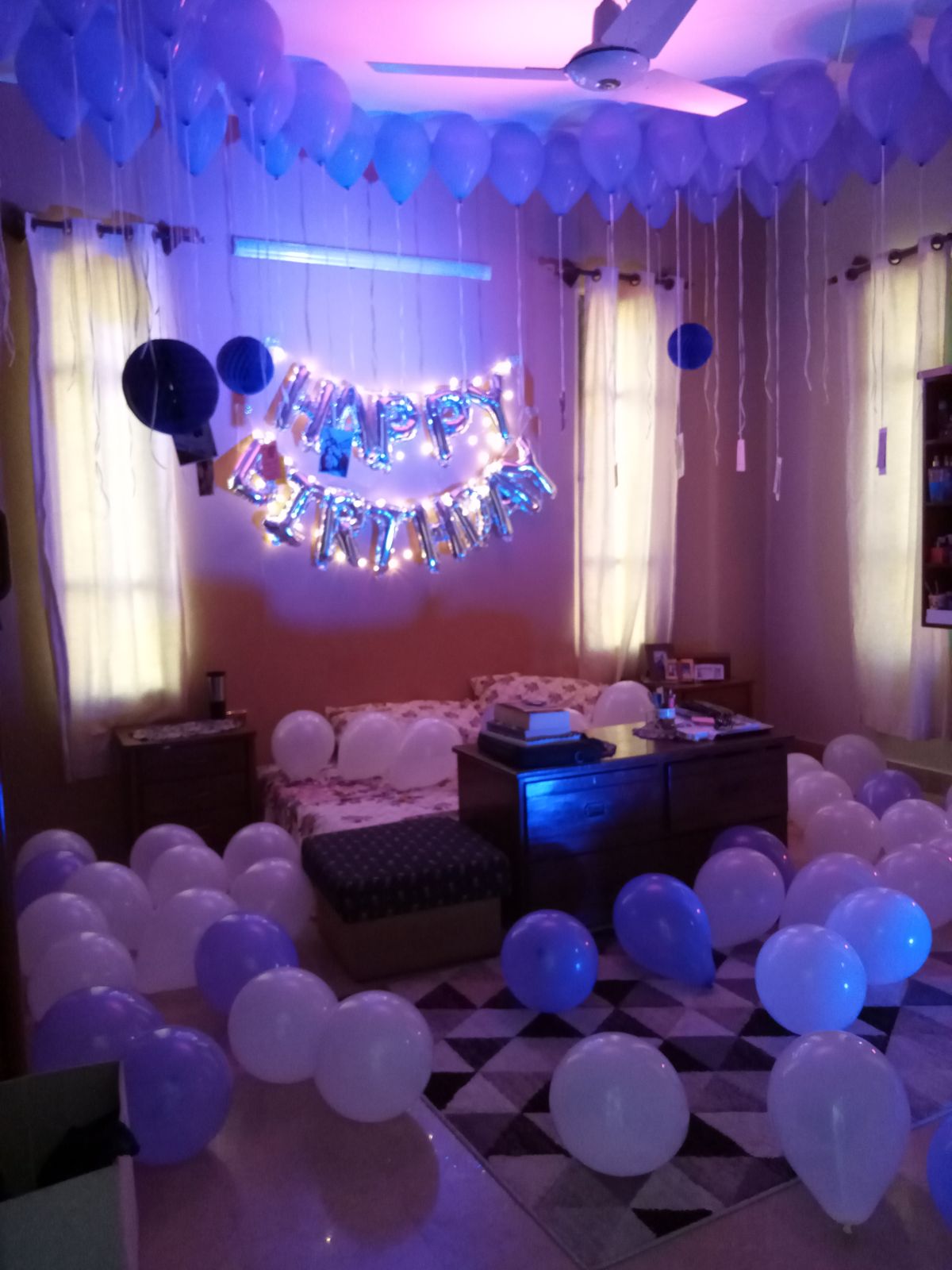 Purple & Silver Birthday Room Decor – Fairy Light Happy Birthday Wall & LED Balloons