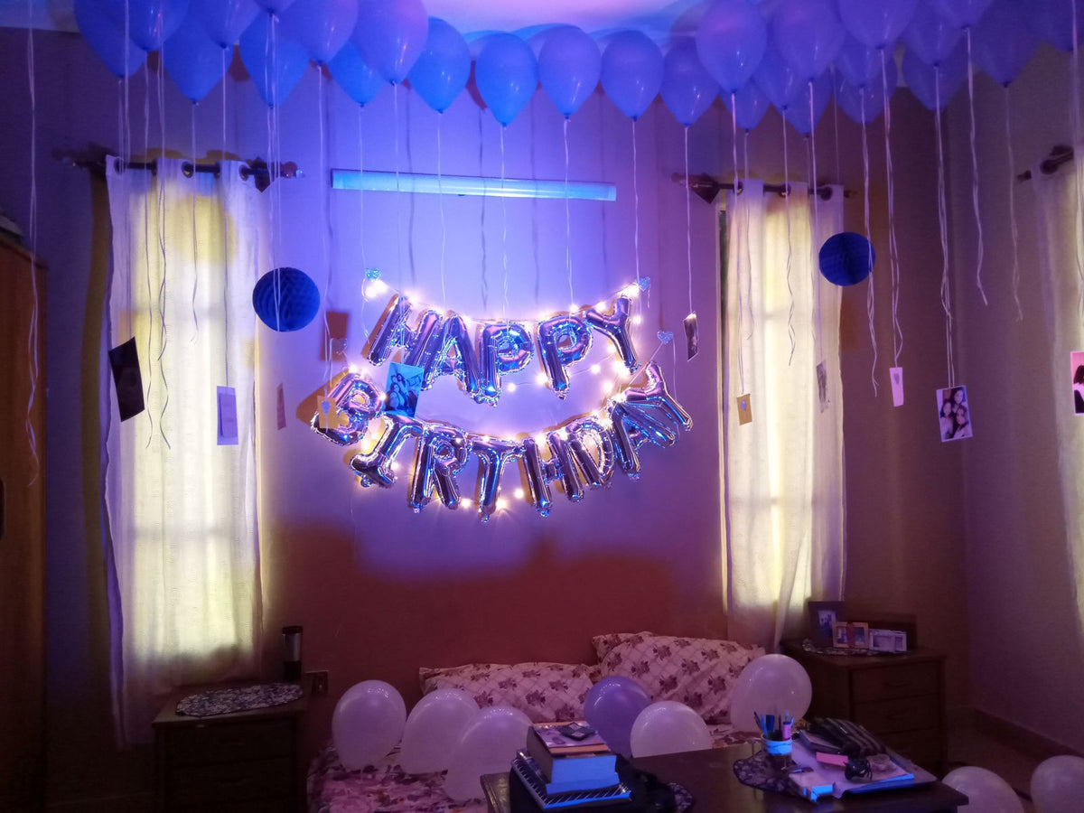 Purple & Silver Birthday Room Decor – Fairy Light Happy Birthday Wall & LED Balloons