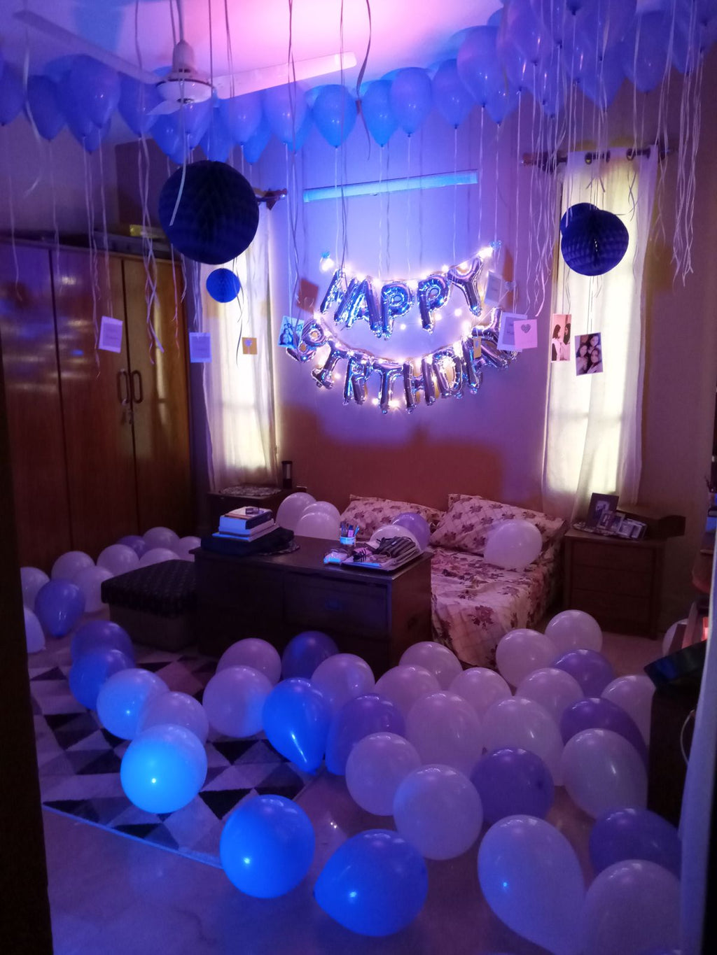 Purple & Silver Birthday Room Decor – Fairy Light Happy Birthday Wall & LED Balloons