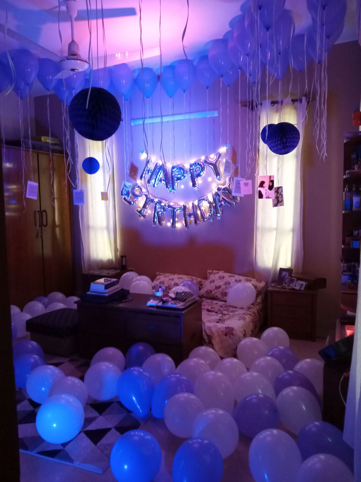 Purple & Silver Birthday Room Decor – Fairy Light Happy Birthday Wall & LED Balloons