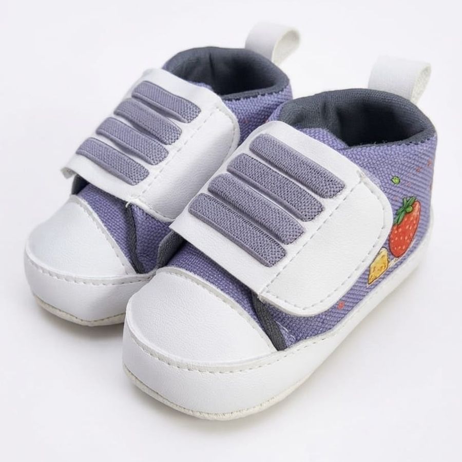 Purple Strawberry Velcro Baby Shoes close-up view – soft sole baby shoes – Belinda Store