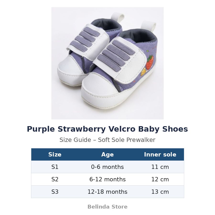 Purple Strawberry Velcro Baby Shoes size guide – soft sole baby shoes – Belinda Store
