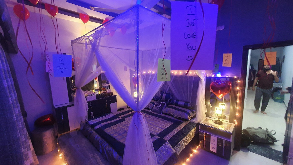 Bed Net Wedding Room Setup – Balloons & Fairy Lights - view 2