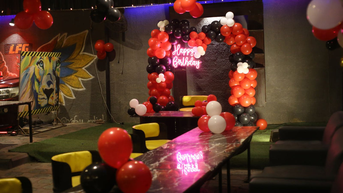 Red & Black Birthday Decor – Neon Happy Birthday Sign with Balloon Arch & Gold Name Letters