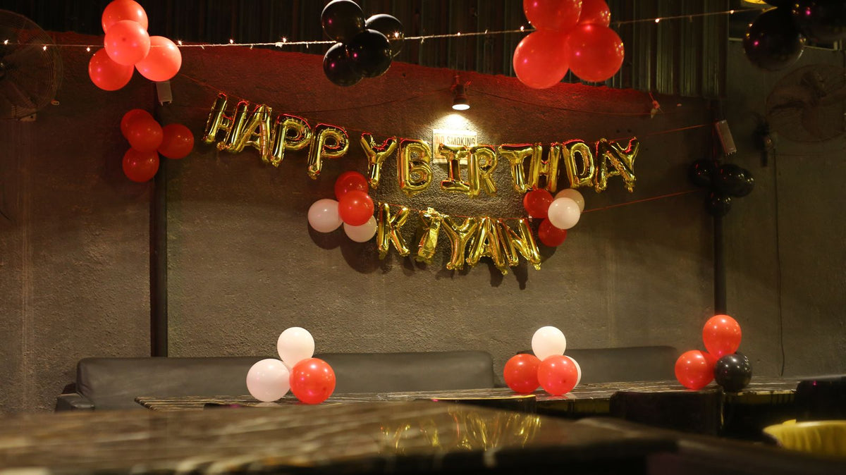 Red & Black Birthday Decor – Neon Happy Birthday Sign with Balloon Arch & Gold Name Letters