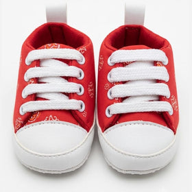 Red Lace-Up Baby Sneakers close-up view – soft sole baby shoes – Belinda Store