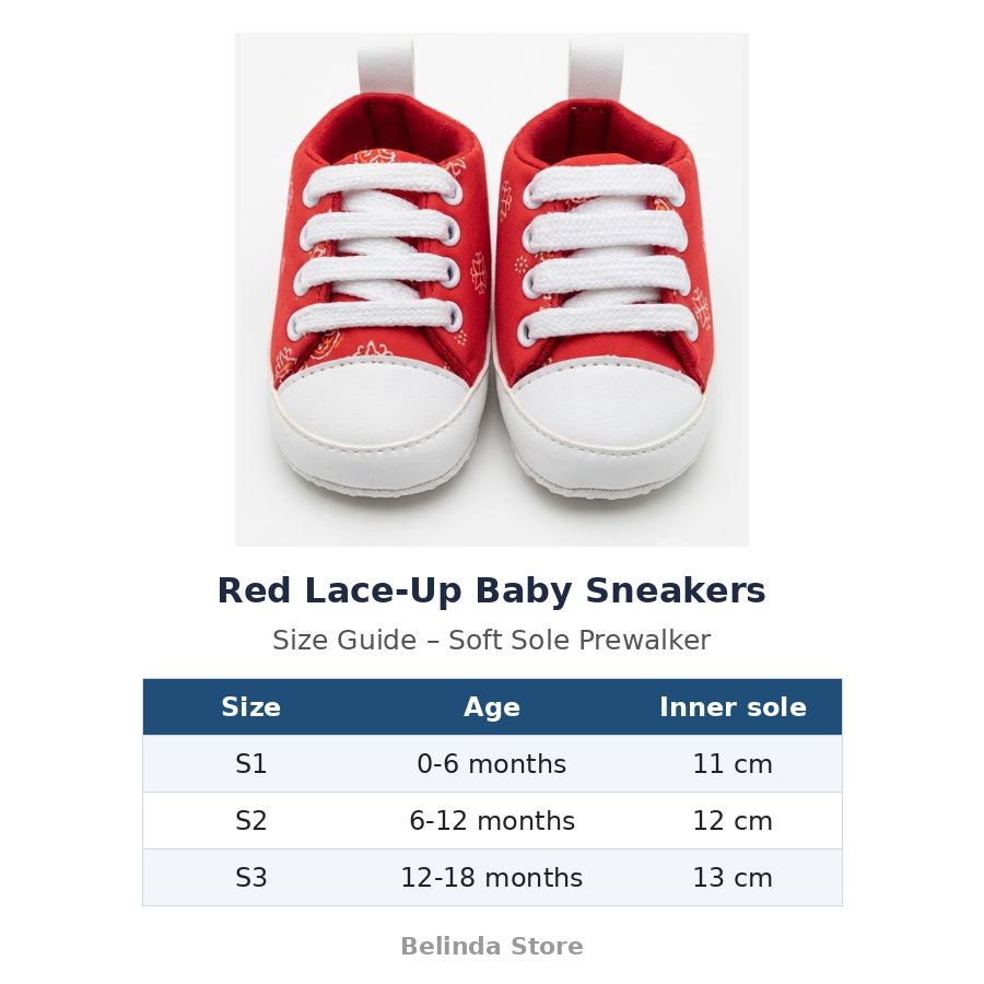 Red Lace-Up Baby Sneakers size guide – soft sole baby shoes – Belinda Store