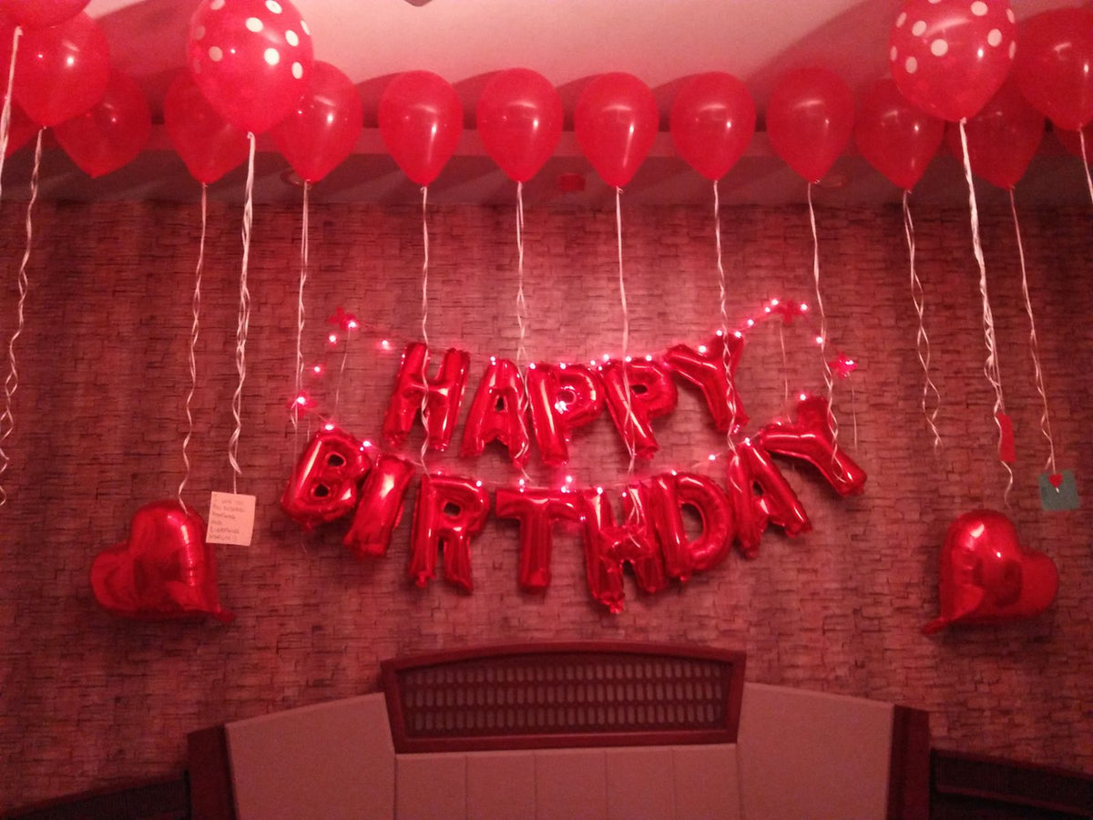 Romantic Bedroom Birthday Decor – Red Heart Balloons, Hanging Strings & Happy Birthday Letters