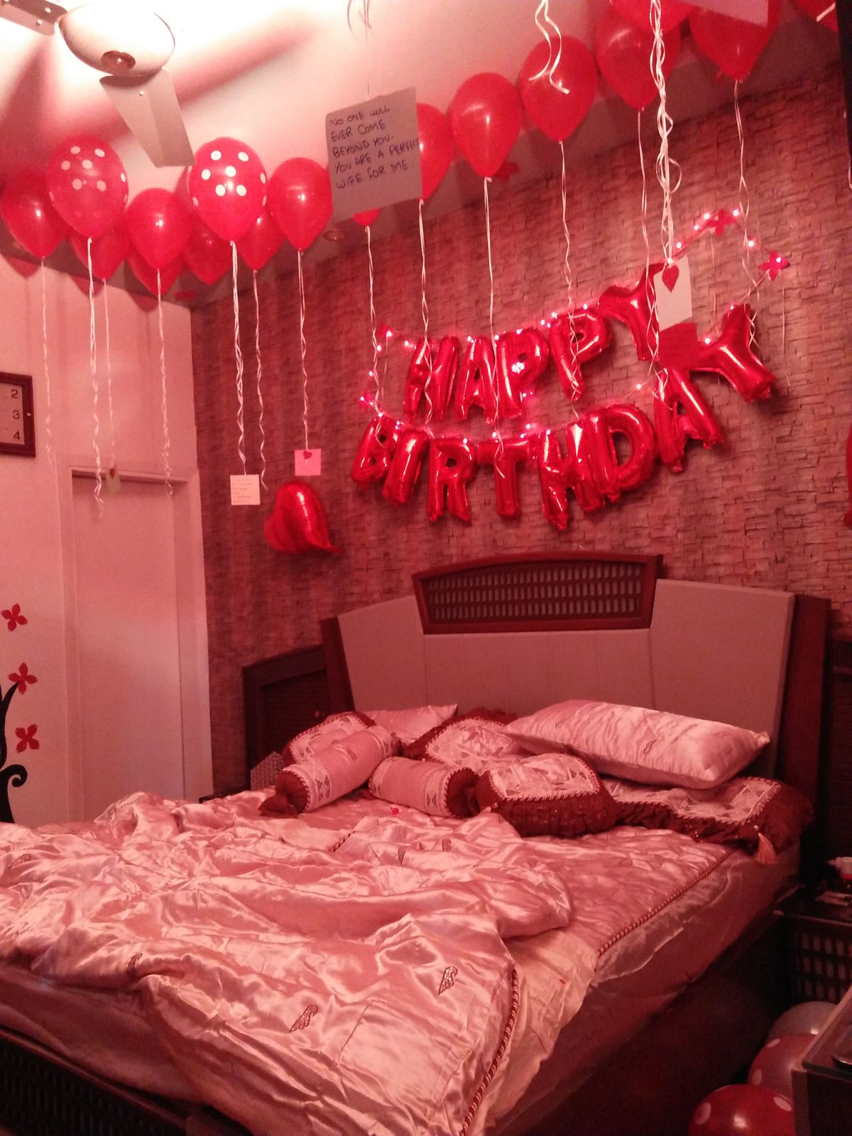Romantic Bedroom Birthday Decor – Red Heart Balloons, Hanging Strings & Happy Birthday Letters