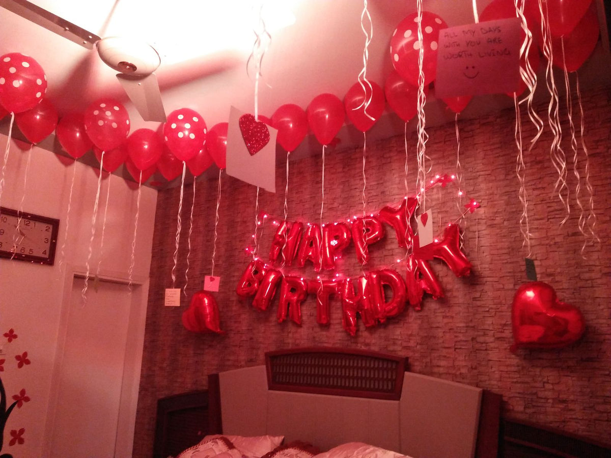 Romantic Bedroom Birthday Decor – Red Heart Balloons, Hanging Strings & Happy Birthday Letters